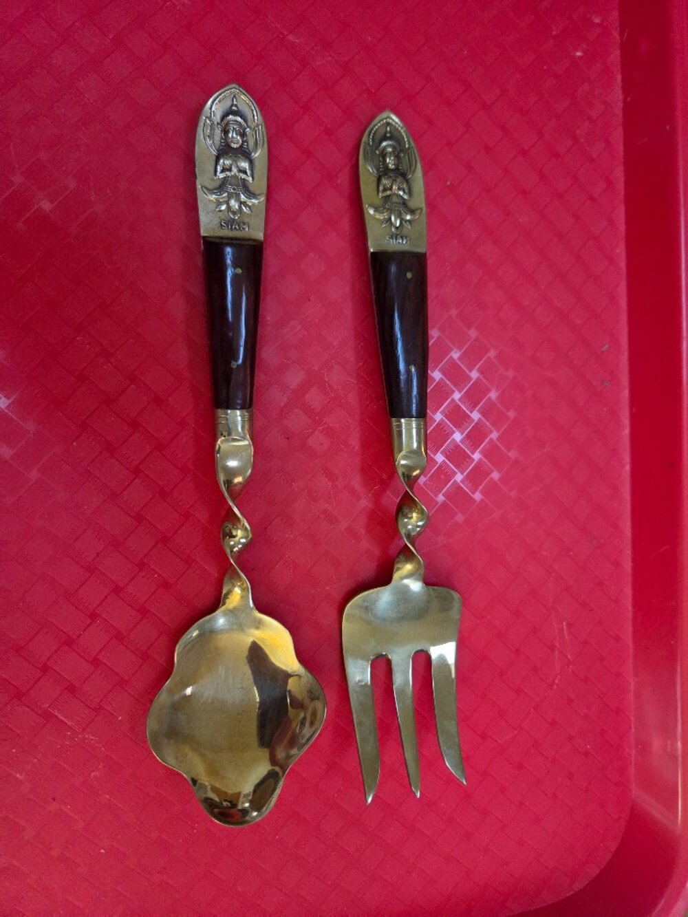 vintage mid-century siam brass and wood serving set with ornate thai dancer